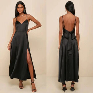 Lulus Always Audacious Black Satin Tie-Back Midi Dress Wedding Guest Party